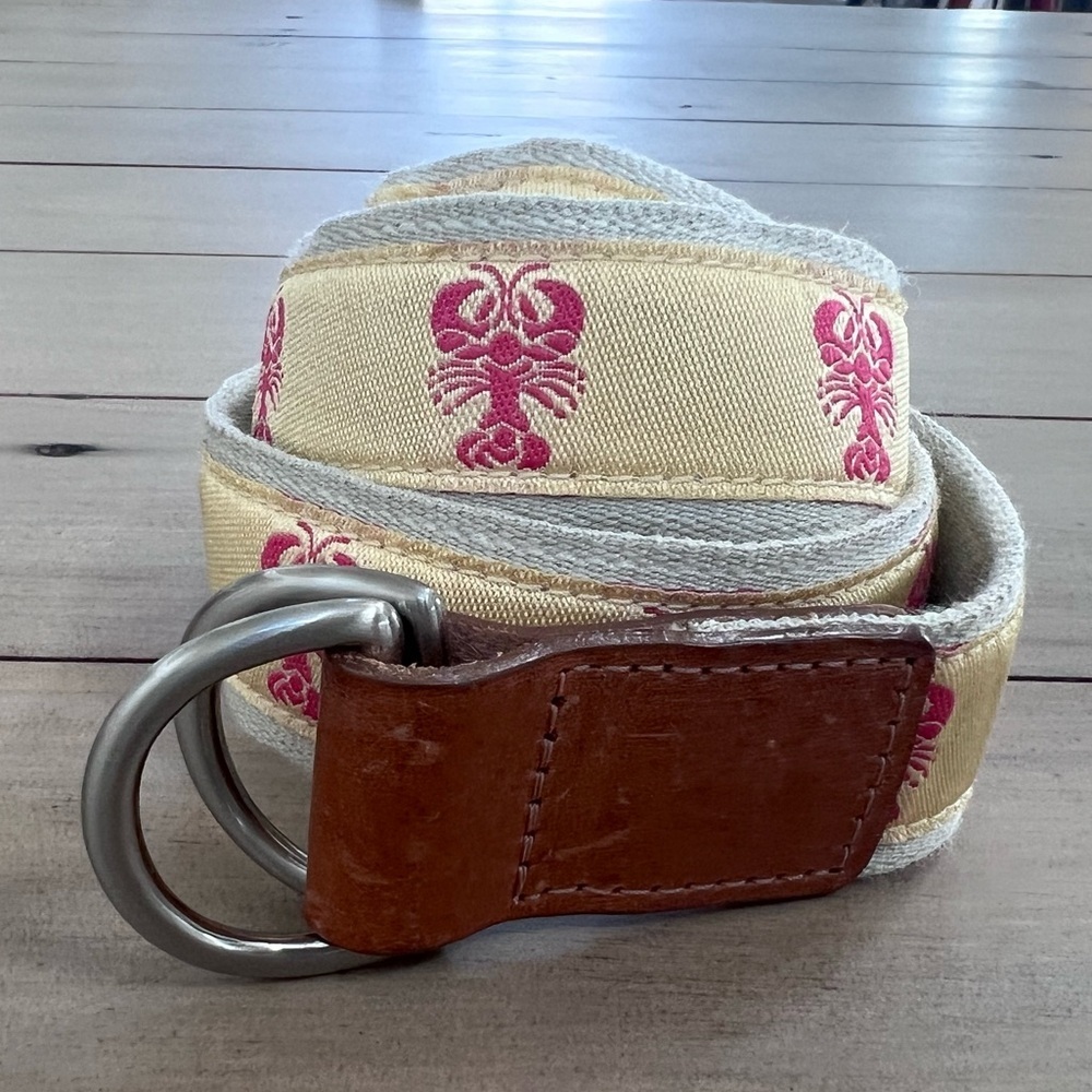 Talbots Pink Lobsters on Soft Yellow Belt with Leather Buckle